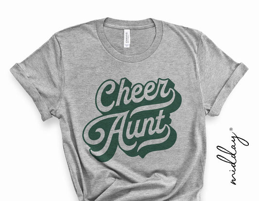 Gray t-shirt featuring 'Cheer Aunt' design in green font, perfect for cheer team spirit and Cricut crafts.