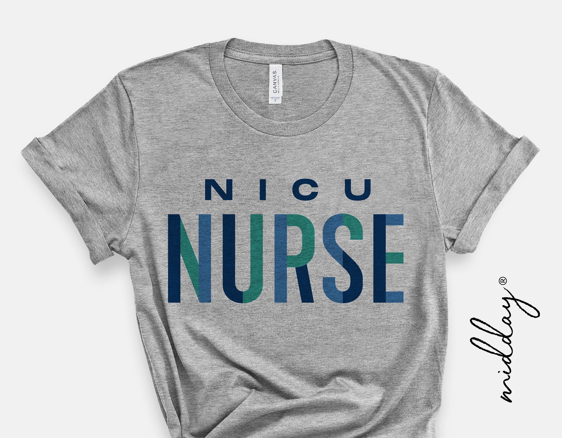 Gray t-shirt with 'NICU NURSE' text in blue and green, ideal for neonatal nurse appreciation
