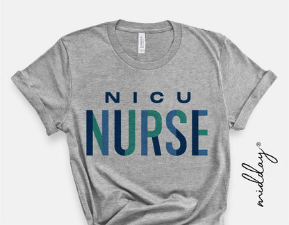 Gray t-shirt with 'NICU NURSE' text in blue and green, ideal for neonatal nurse appreciation