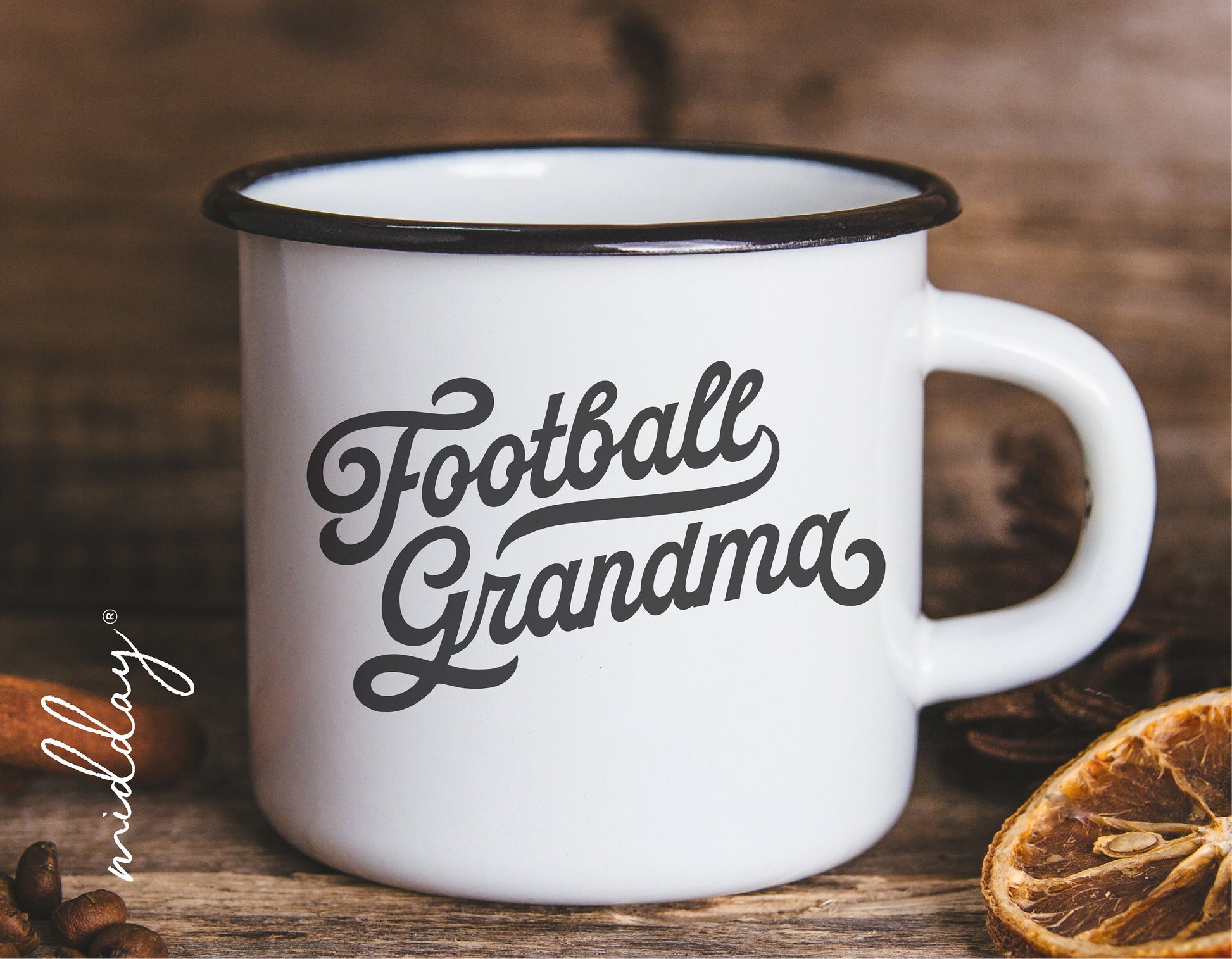 White enamel mug with 'Football Grandma' text design, perfect for football-loving grandmothers.