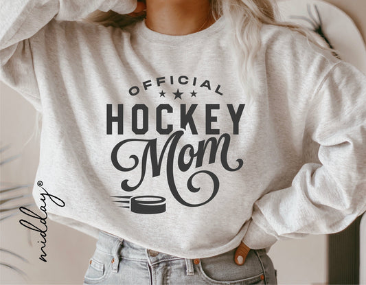 Gray sweatshirt featuring 'Official Hockey Mom' design, ideal for hockey enthusiasts, suitable for Cricut and Silhouette projects.
