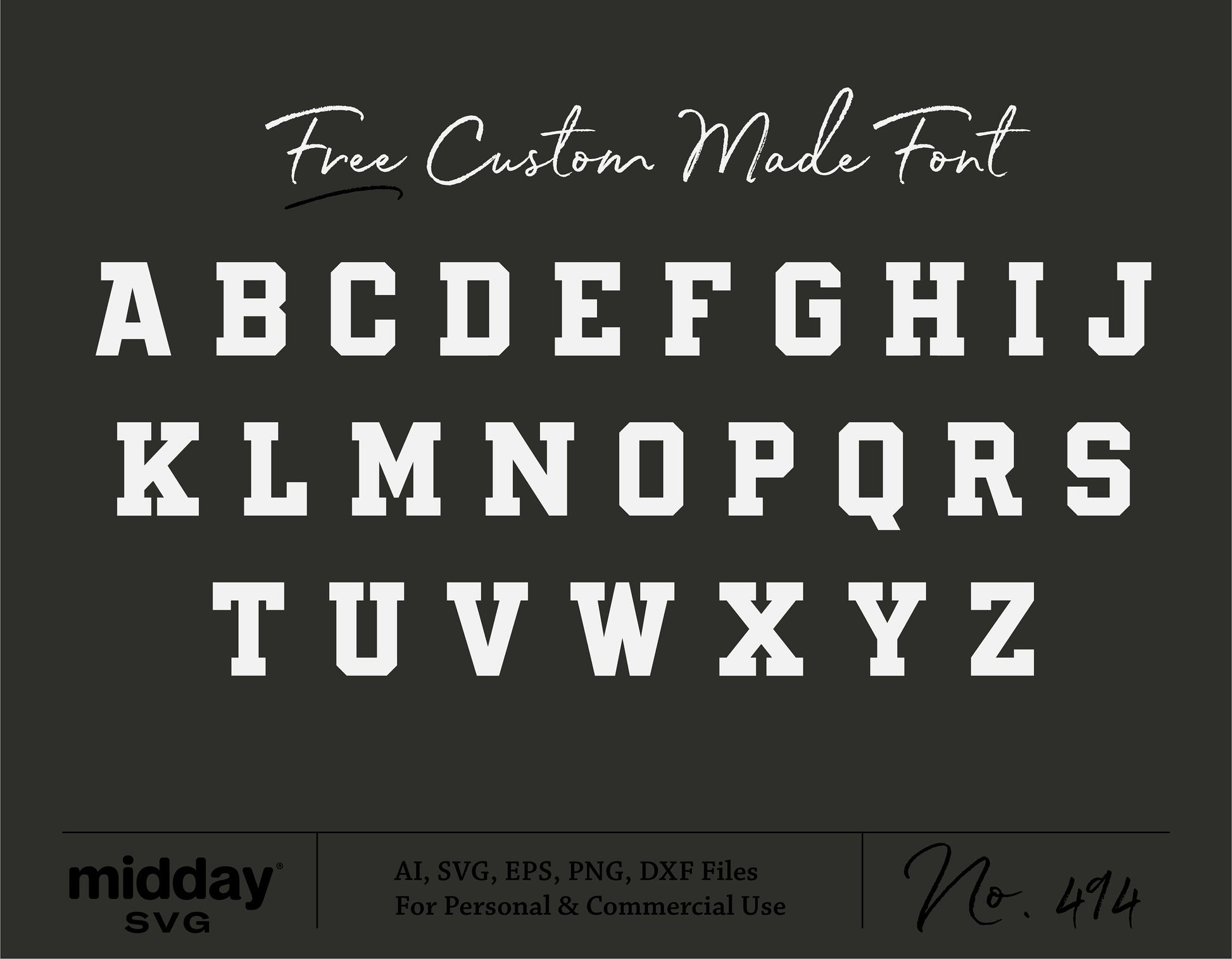 Stylish custom font alphabet A-Z available in SVG, AI, EPS, PNG, and DXF formats for personal and commercial use.