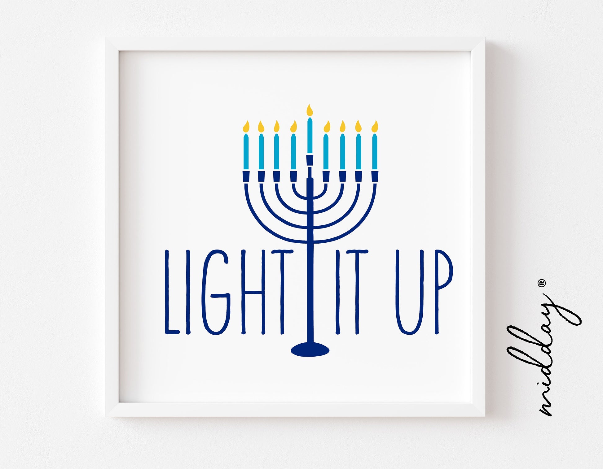 Framed "Light It Up" Menorah Hanukkah SVG design in blue, perfect for holiday decor and craft projects with Cricut and Silhouette.