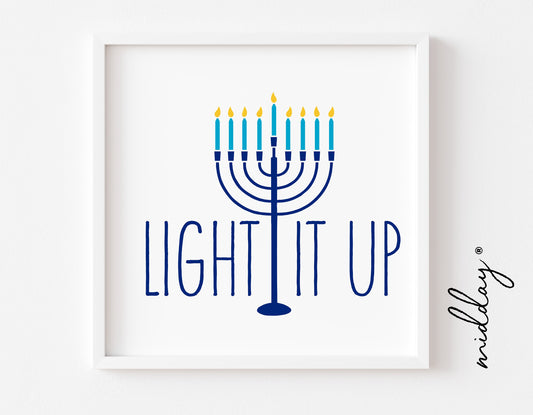 Framed "Light It Up" Menorah Hanukkah SVG design in blue, perfect for holiday decor and craft projects with Cricut and Silhouette.