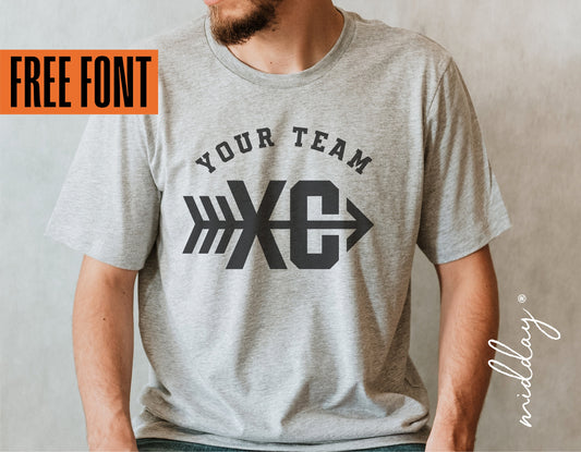 Gray t-shirt with custom 'Your Team XC' cross country design and arrow graphic, featuring a free font offer.