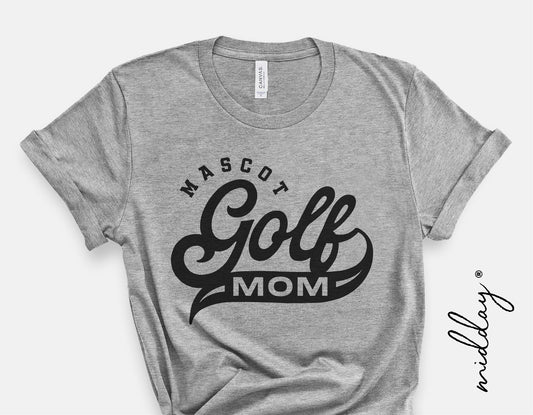 Gray t-shirt with 'Mascot Golf Mom' design, ideal for golf-loving moms. Perfect for Cricut and Silhouette projects. Available in SVG format.