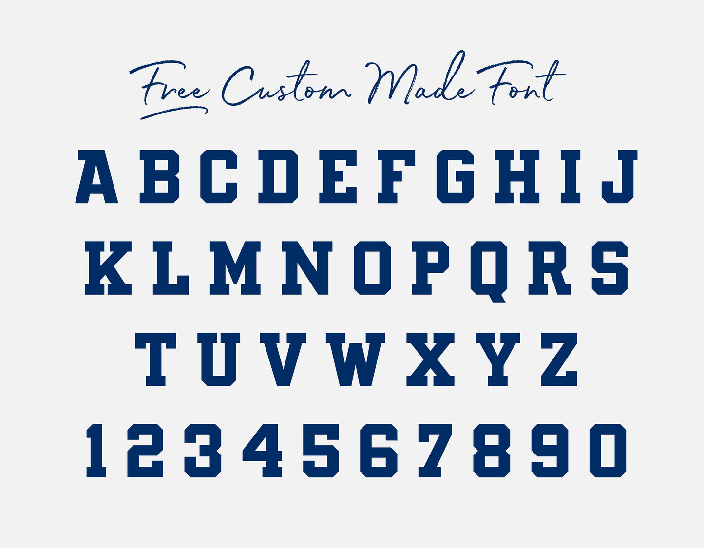 Free custom made font showcasing bold capital letters and numbers in a classic design.