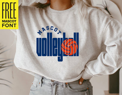 Person wearing a sweatshirt with a volleyball mascot design, featuring bold text and a volleyball graphic. Free mascot font included.