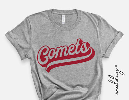 Gray t-shirt with red 'Comets' logo, vintage sports design, ideal for team spirit and fan wear.