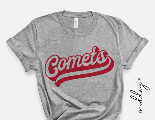 Gray t-shirt with red 'Comets' logo, vintage sports design, ideal for team spirit and fan wear.