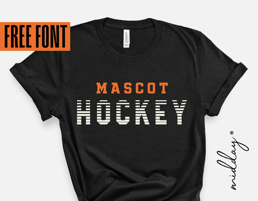 Black hockey t-shirt with 'Mascot Hockey' design in orange and white, featuring free font offer, perfect for DIY Cricut projects.