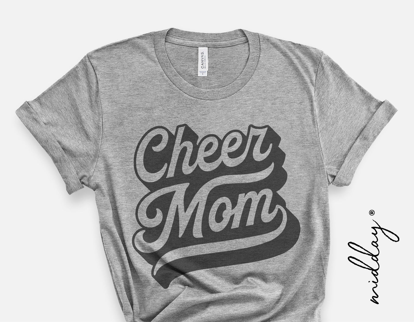 Gray t-shirt with 'Cheer Mom' text in bold, brush script style, ideal for cheerleader supporters, featuring a sporty design.