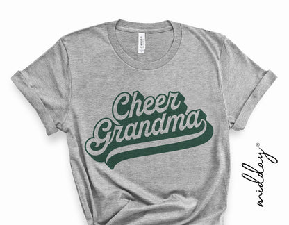 Gray t-shirt with 'Cheer Grandma' text design in green, suitable for cheer team spirit and grandma apparel.