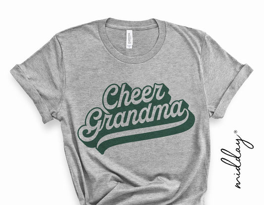 Gray t-shirt with 'Cheer Grandma' text design in green, suitable for cheer team spirit and grandma apparel.