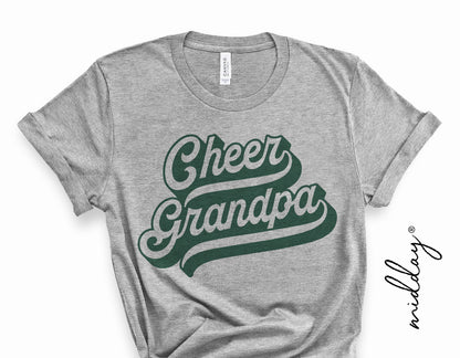Gray t-shirt with 'Cheer Grandpa' retro logo design in dark green script font, ideal for team spirit and cheerleading enthusiasts.
