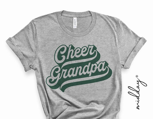 Gray t-shirt with 'Cheer Grandpa' retro logo design in dark green script font, ideal for team spirit and cheerleading enthusiasts.