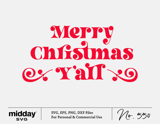 Merry Christmas Y'all SVG in red font, digital design file for Cricut, available in SVG, PNG, EPS, and DXF formats for crafting projects.