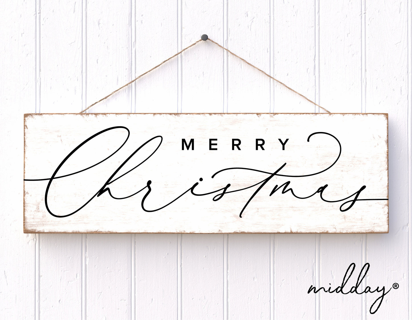 Boho Merry Christmas sign with elegant script on wooden background, perfect for holiday decor and Cricut projects.