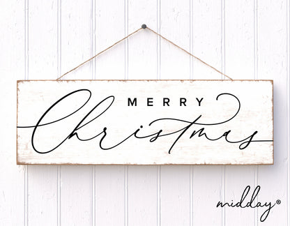 Boho Merry Christmas sign with elegant script on wooden background, perfect for holiday decor and Cricut projects.