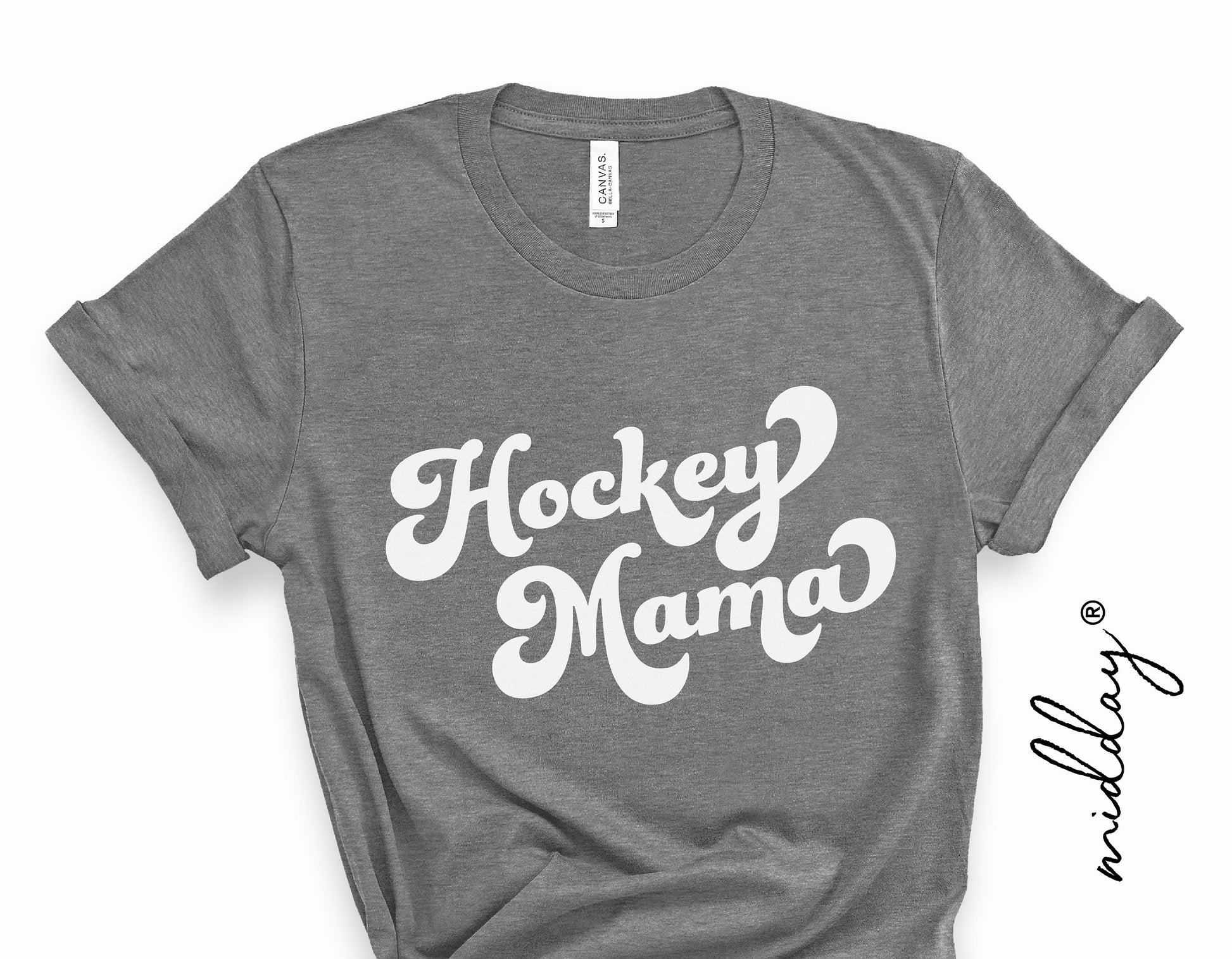 Gray t-shirt with "Hockey Mama" design in white, perfect for hockey moms. Ideal for Cricut and Silhouette projects.