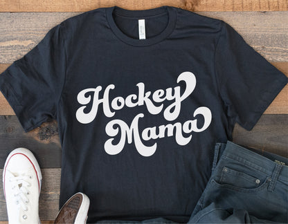 Black t-shirt with white 'Hockey Mama' design, ideal for hockey moms and fans, perfect for Cricut and Silhouette projects.