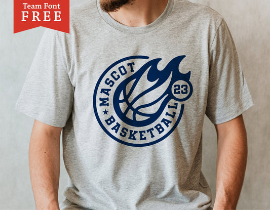 Gray shirt with blue basketball team logo featuring a flame design and the number 23, suitable for school spirit and customization.