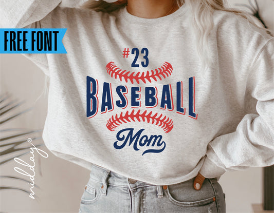 Cozy sweatshirt with '#23 Baseball Mom' design and free font offer, ideal for mothers supporting baseball teams.