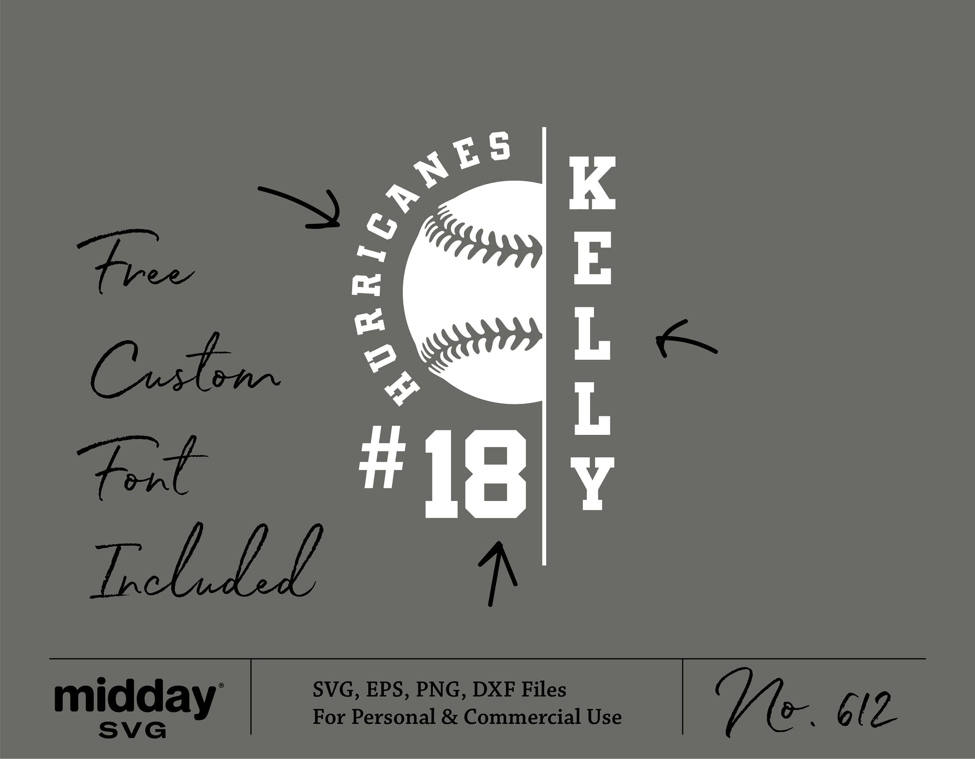 Tball team template SVG with customizable design for shirts, featuring a baseball graphic, player name, and number 18. Free custom font included.
