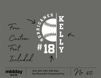 Tball team template SVG with customizable design for shirts, featuring a baseball graphic, player name, and number 18. Free custom font included.