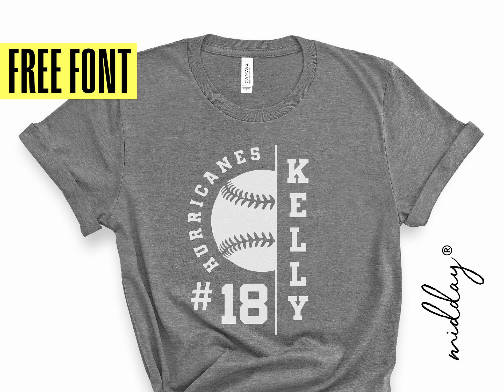 Gray T-shirt with custom baseball design, featuring 'Hurricanes,' player number 18, and name 'Kelly,' with free font offer.