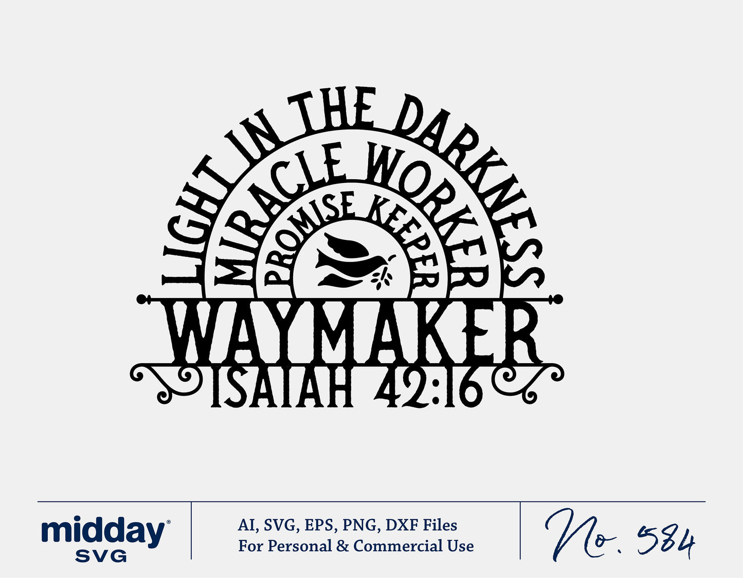 Waymaker SVG design with 'Miracle Worker, Promise Keeper' text, Isaiah 42:16 reference, suitable for Cricut and Silhouette crafting.