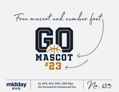 Basketball team SVG with 'Go Mascot #23' design in AI, SVG, EPS, PNG, DXF formats for personal and commercial use.