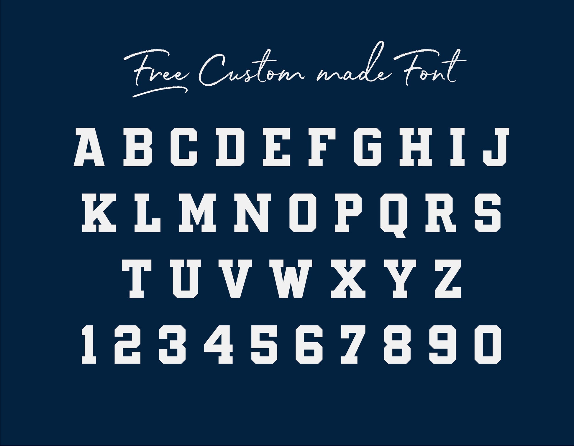 Custom-made font with uppercase letters A-Z and numbers 0-9 on navy background.
