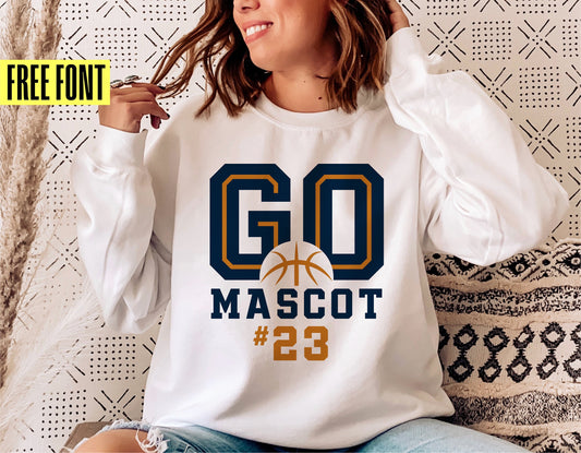 Woman wearing a white sweatshirt with 'Go Mascot #23' basketball design, promoting a free font offer for Cricut and Silhouette users.