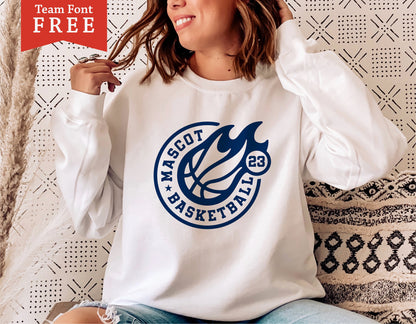 Woman wearing a white sweatshirt with a basketball logo design, promoting a basketball mom shirt for Cricut and sublimation projects.