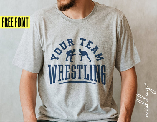 Gray t-shirt with 'Your Team Wrestling' design, featuring wrestling silhouettes, offers a free font option.