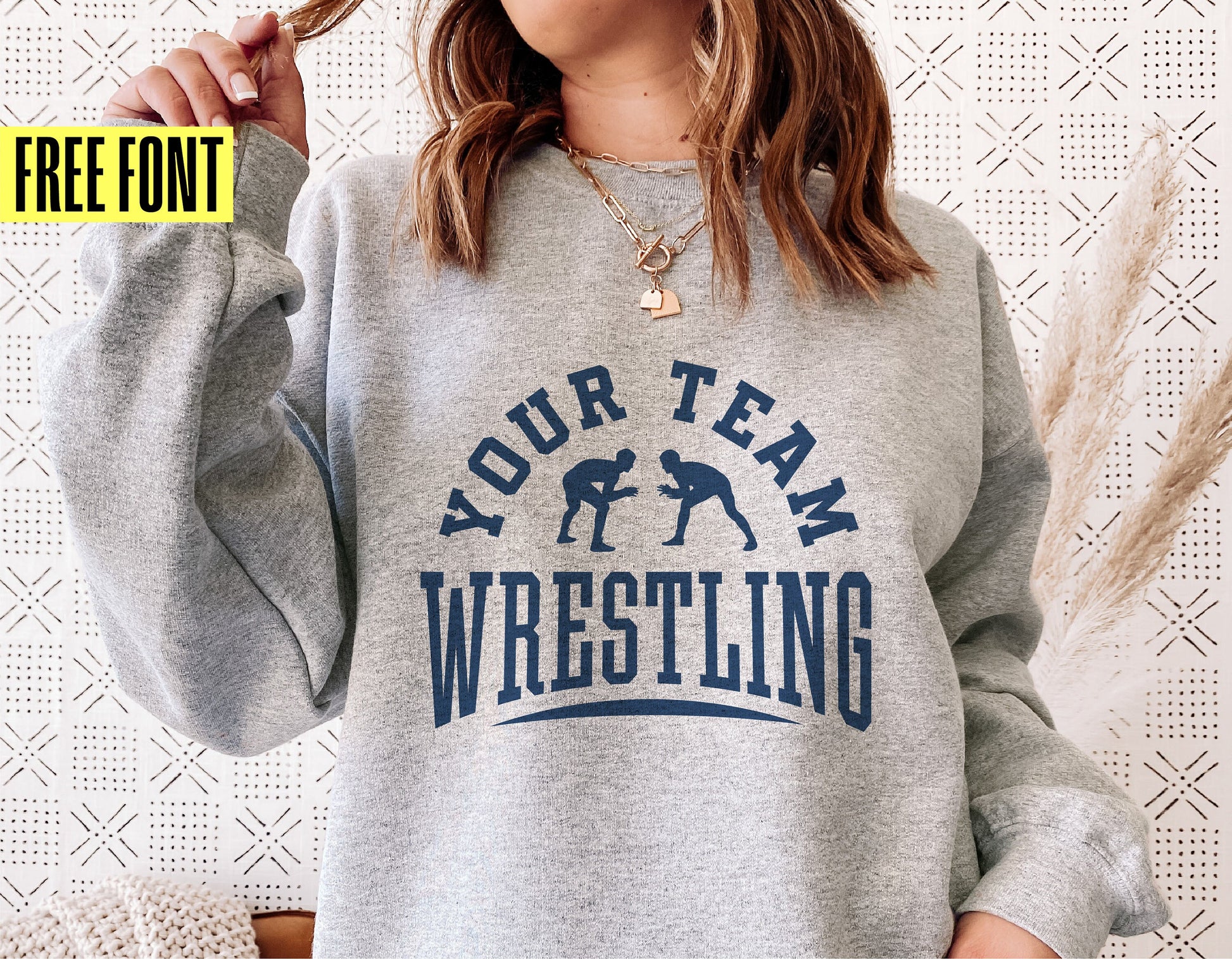 Gray wrestling sweater with 'Your Team Wrestling' print, ideal for Cricut and sublimation, free font included.