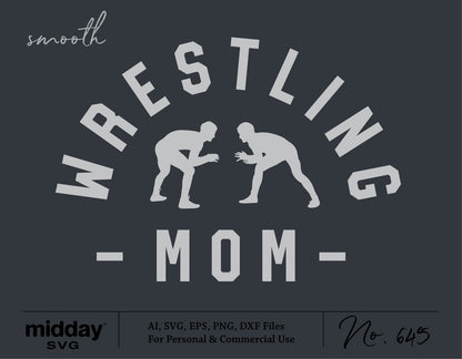 Wrestling Mom SVG design featuring two wrestlers for Cricut and Silhouette, available in AI, SVG, EPS, PNG, DXF formats for personal use.