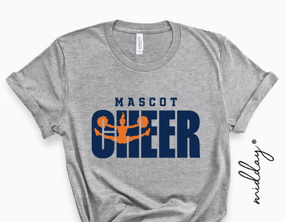 Gray t-shirt featuring a cheerleading design with the word 'Cheer' in large letters and a silhouette of a cheerleader. Ideal for team apparel.