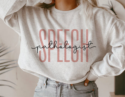 Cozy sweater with 'Speech Pathologist' design, perfect for professionals or gifts, highlighting bold typography style.