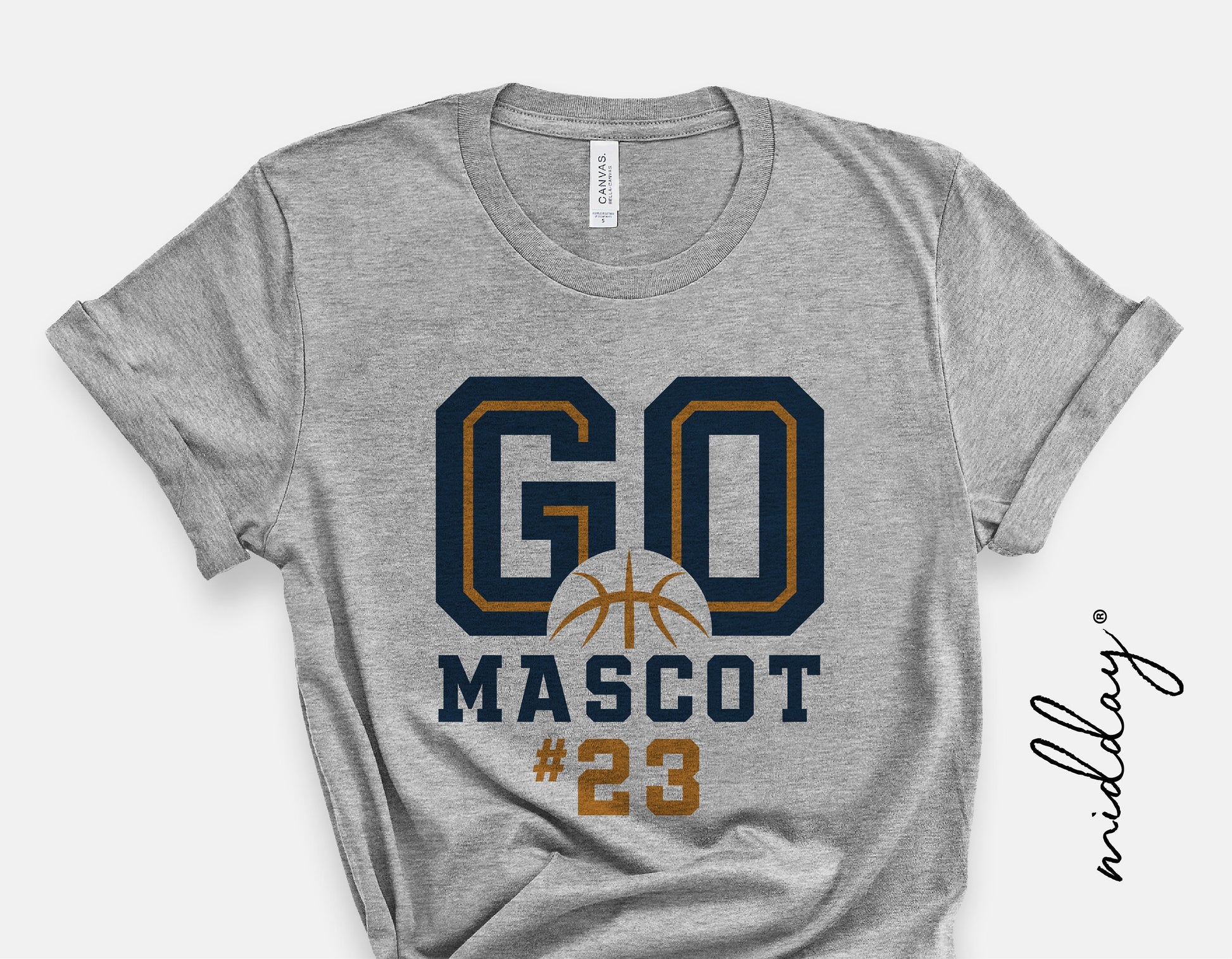 Gray t-shirt with 'Go Mascot #23' basketball design for sports enthusiasts and basketball moms.