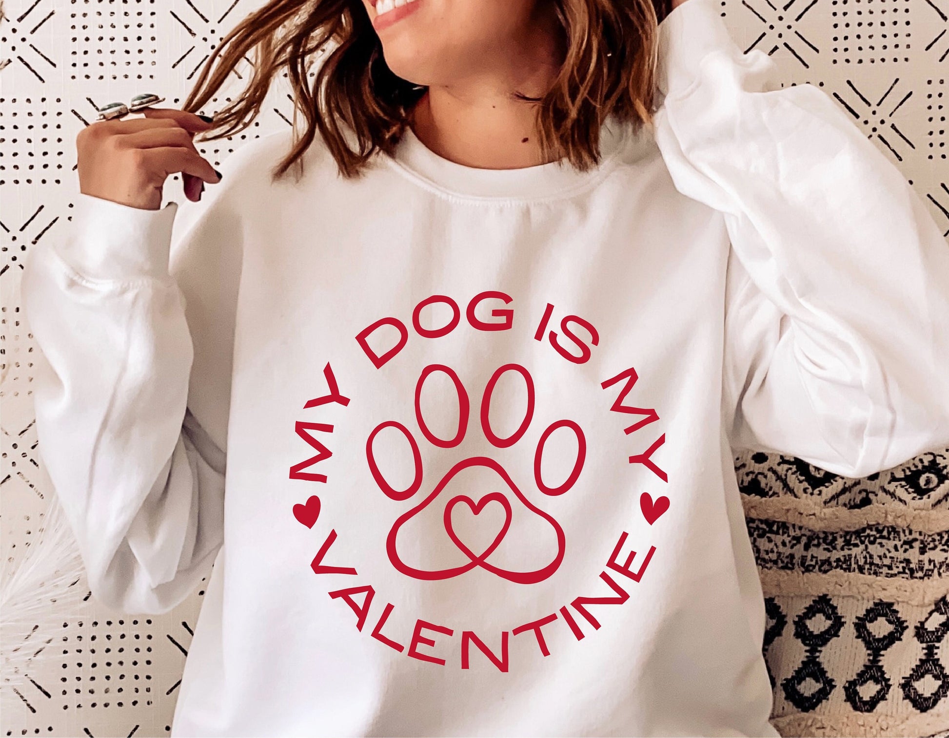 Woman wearing 'My Dog Is My Valentine' shirt with dog paw heart design, perfect for Valentine's Day, featuring Cricut cut files and sublimation