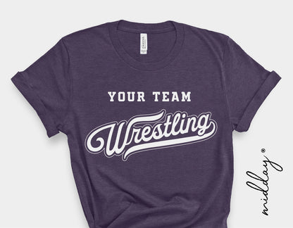 Gray wrestling team shirt with "Your Team Wrestling" text, perfect for sports moms, available in SVG for Cricut and Silhouette