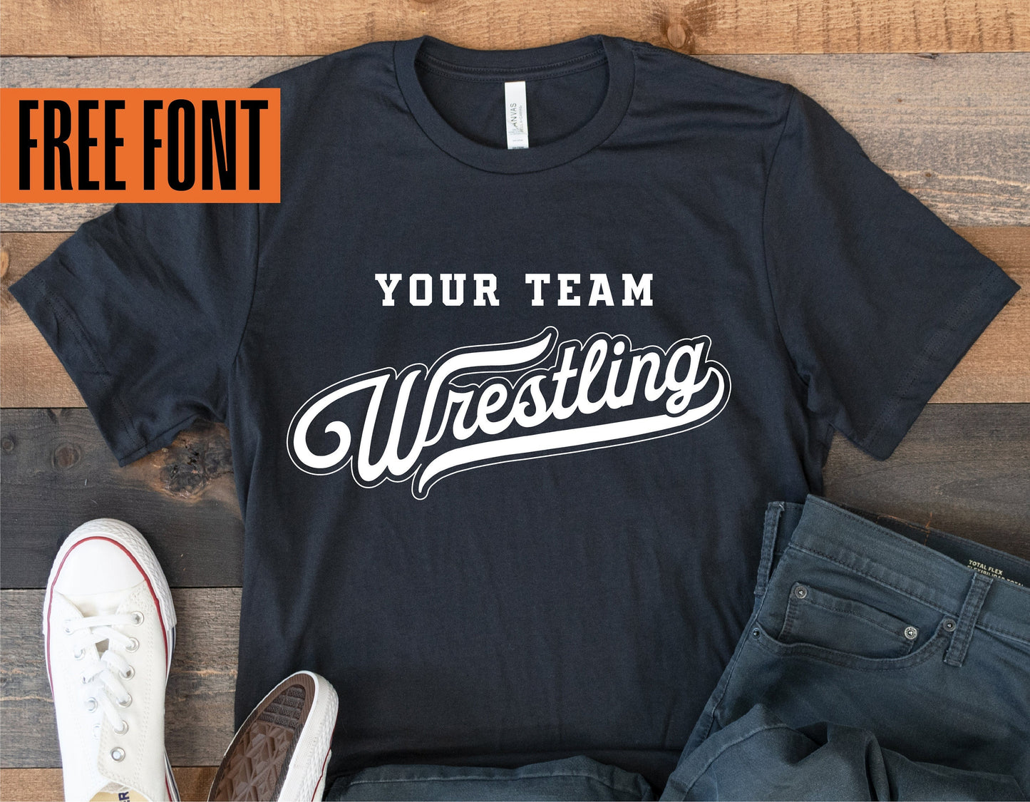 Black wrestling team shirt with "Your Team Wrestling" text, perfect for wrestling moms and team supporters. Includes free font offer.