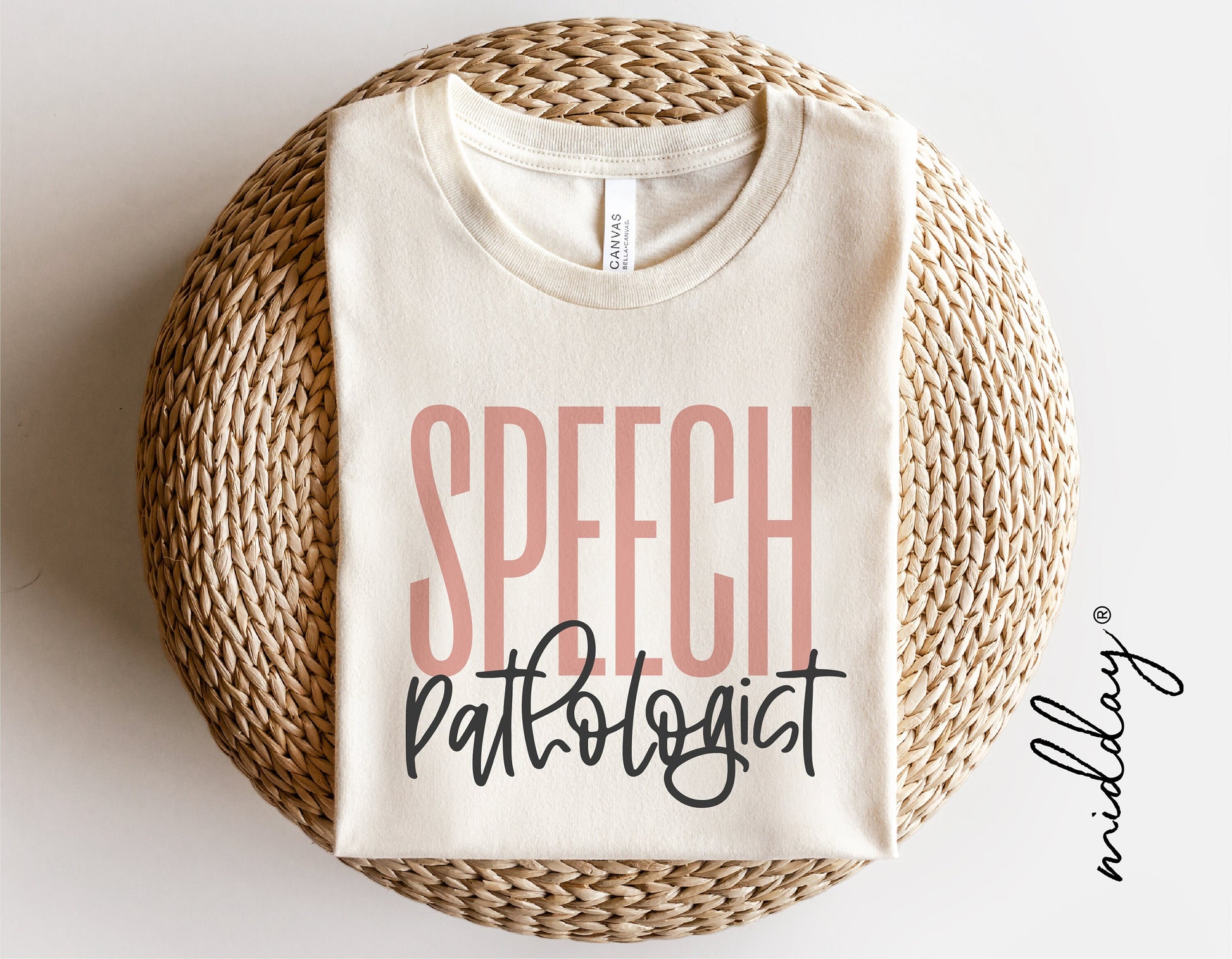 Speech Pathologist sweatshirt with stylish typography on a round woven mat, ideal for Cricut and Silhouette crafting.