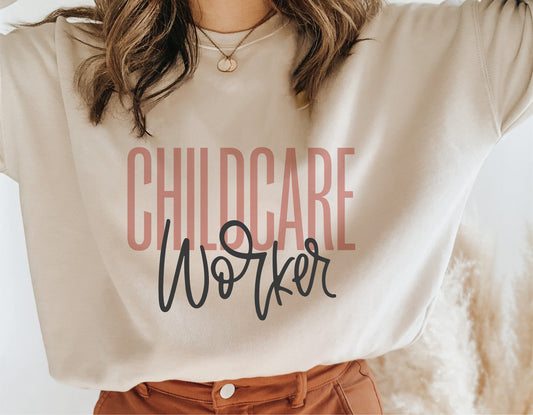 Woman wearing a t-shirt with 'Childcare Worker' design in stylish font, perfect for Cricut and Silhouette projects. Digital download.