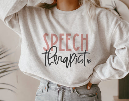 Woman wearing a gray sweatshirt with 'Speech Therapist' text design; suitable for digital download or sublimation projects.