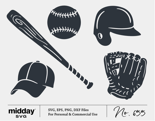 Baseball SVG bundle with bat, ball, glove, cap, and helmet in black silhouette. Ideal for Cricut and Silhouette projects.