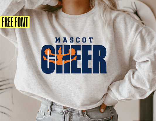 Woman wearing a sweatshirt with 'Mascot CHEER' design in blue and orange, promoting free font download for cheerleader-themed cut files.