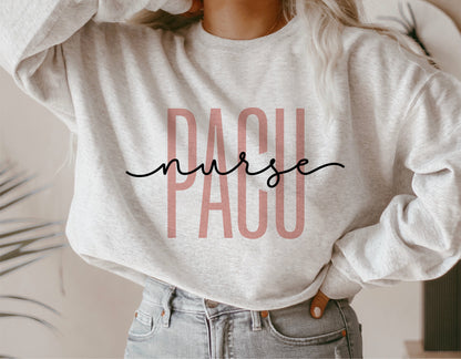 Woman wearing a PACU Nurse shirt, featuring stylish lettering design, ideal for Cricut and Silhouette cutting projects.